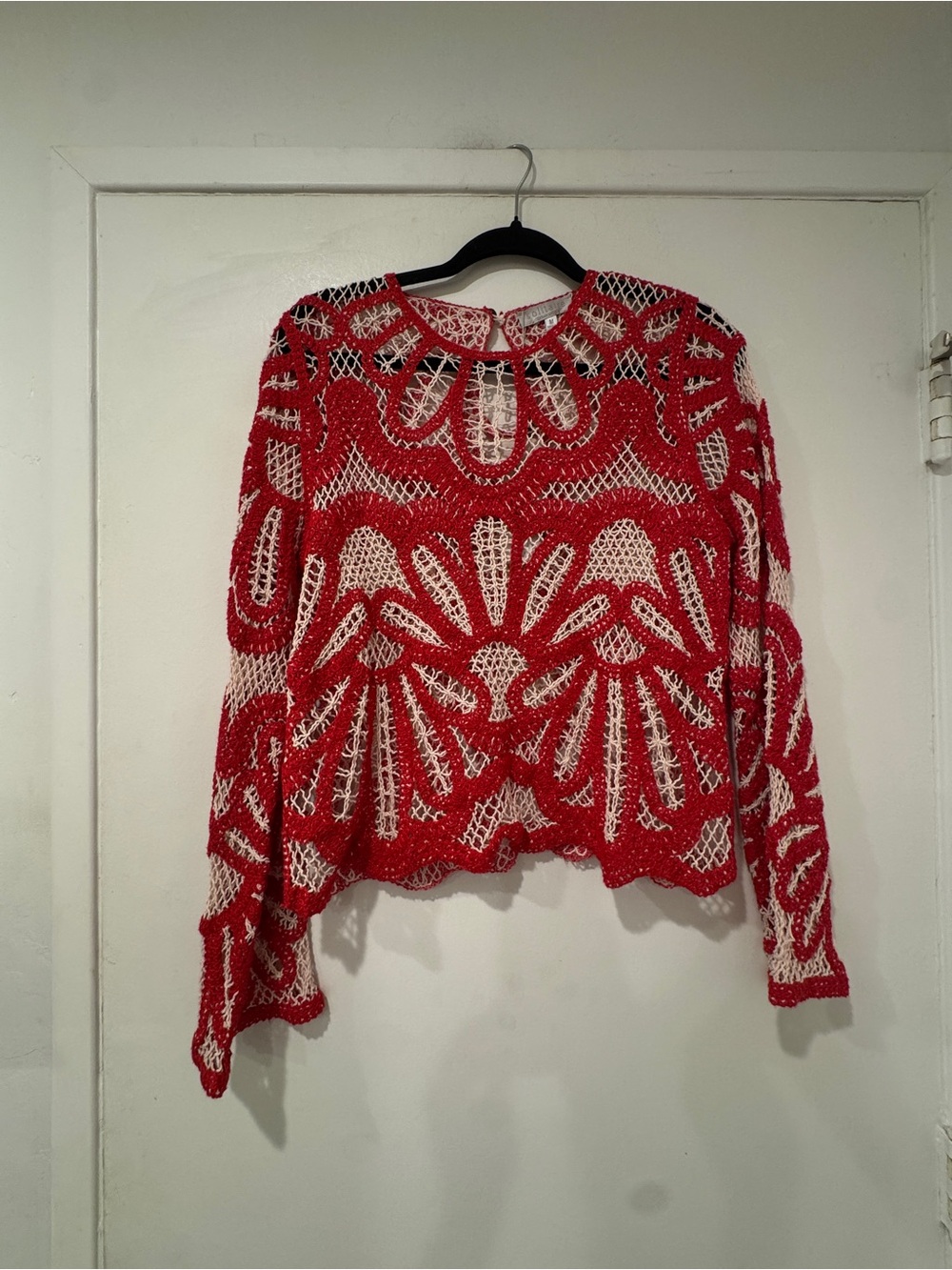 NWT Solitaire by Ravi Khosla Red & Cream Crochet Knit Blouse - Picture 3 of 6